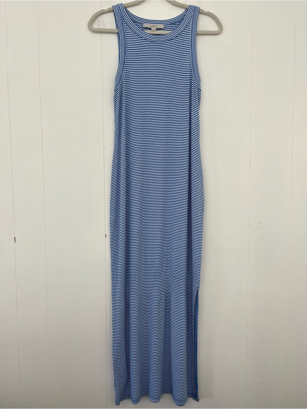 LOFT Sleeveless  Ribbed Maxi Blue and White Striped Knit Dress Large